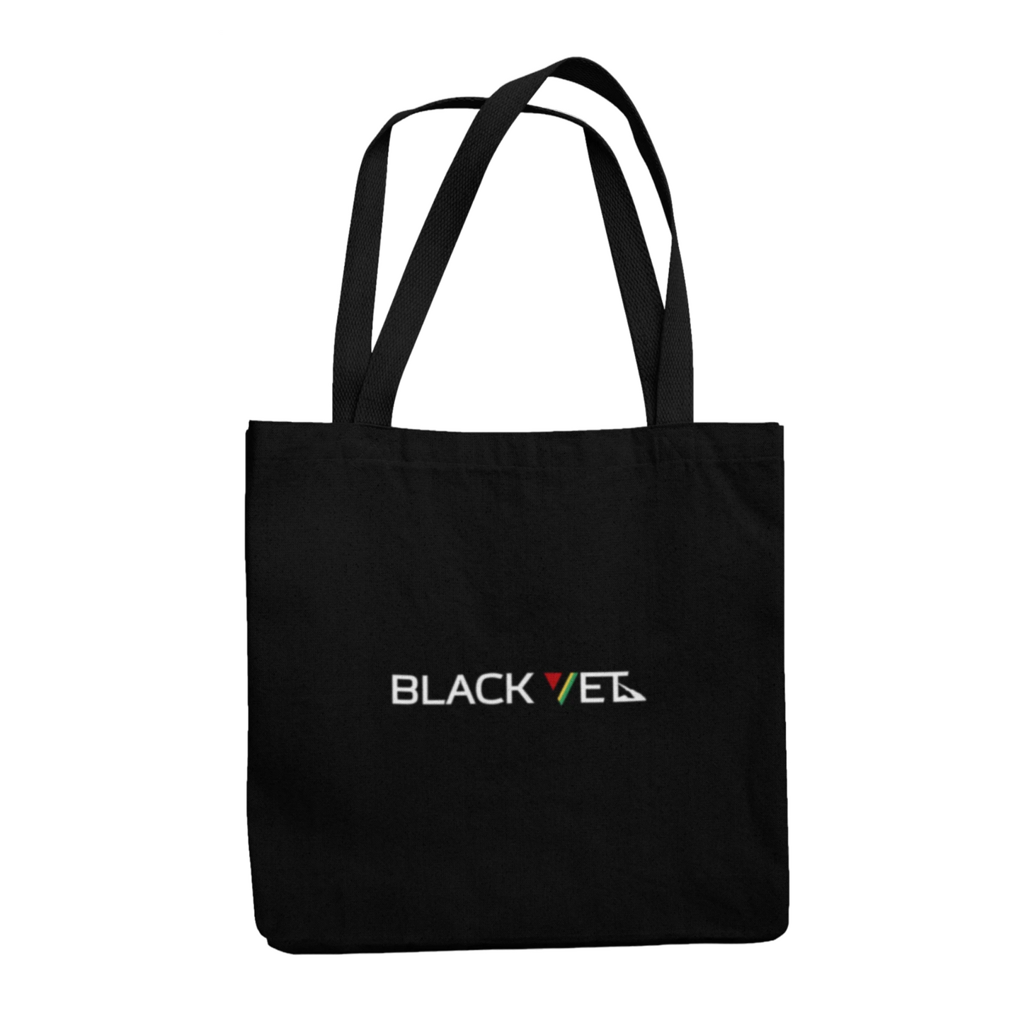 Black tote bag with 'BLACK VET' logo on a white background