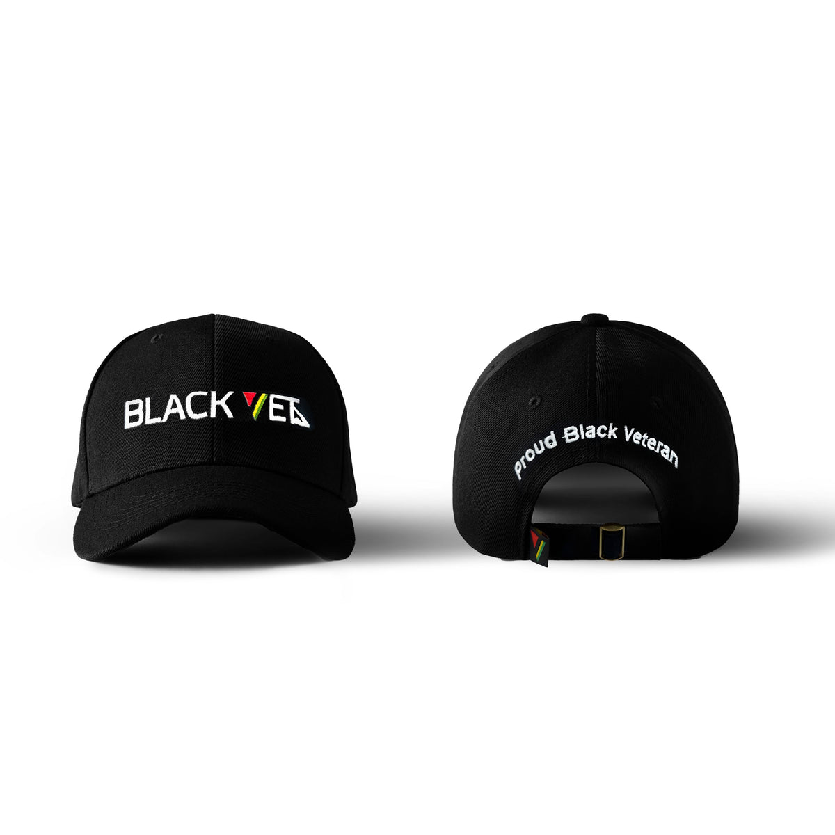 Two black baseball caps with 'BLACK VET' and 'Proud Black Veteran' text on a white background