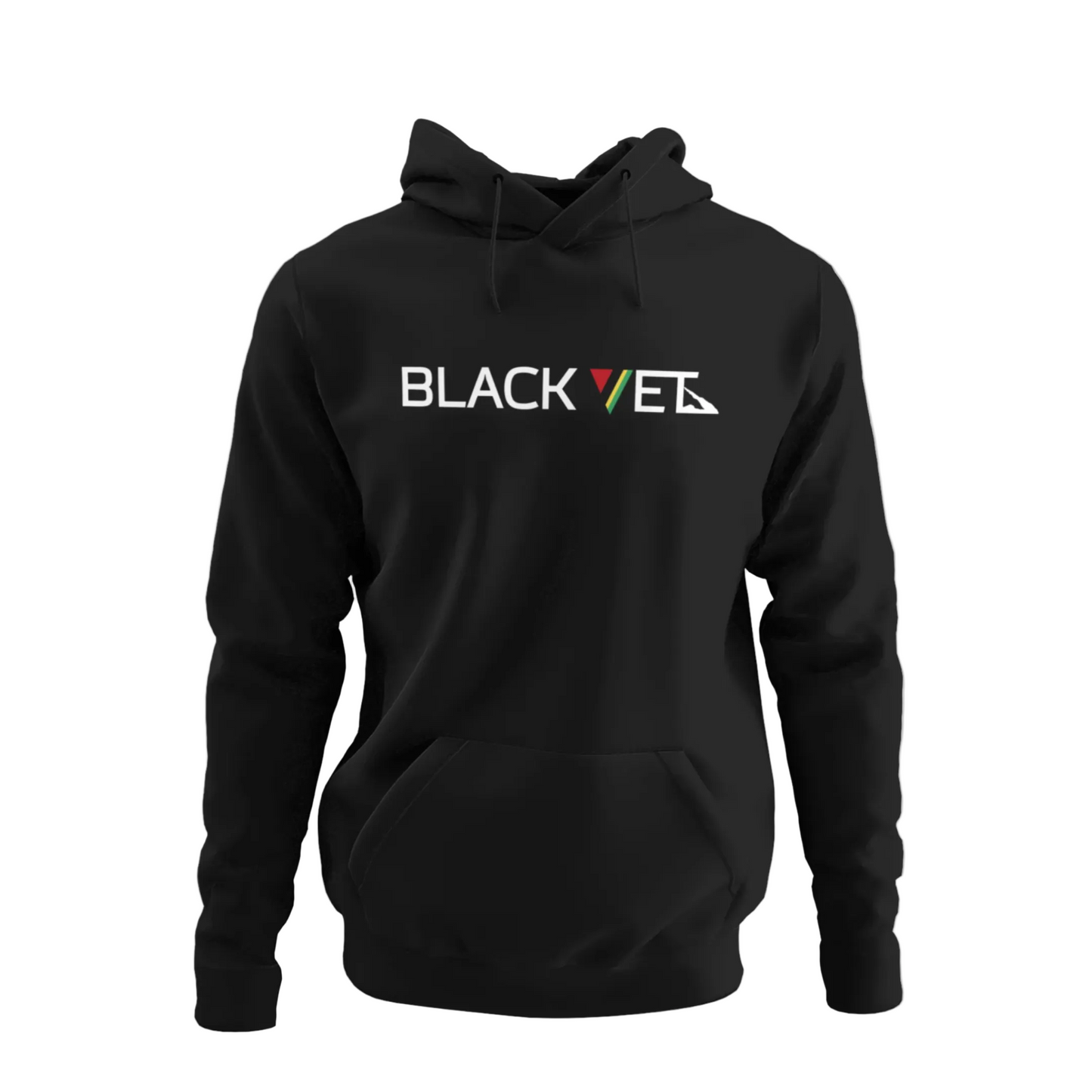 Black hoodie with 'BLACK VET' logo on a white background