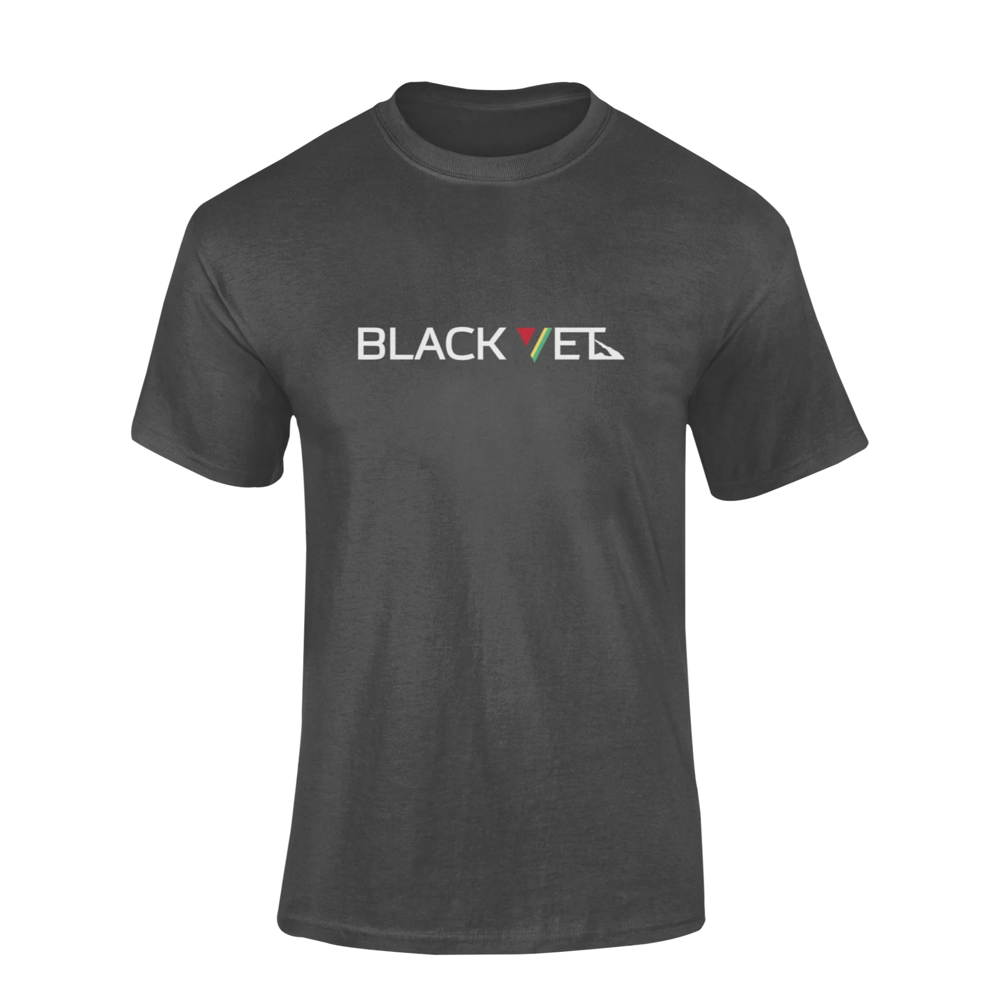 Black t-shirt with 'BLACK VET' logo on a white background