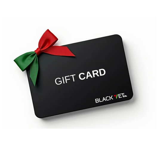 A black gift card with the words 'GIFT CARD' in white letters, adorned with a red and green ribbon at the top.