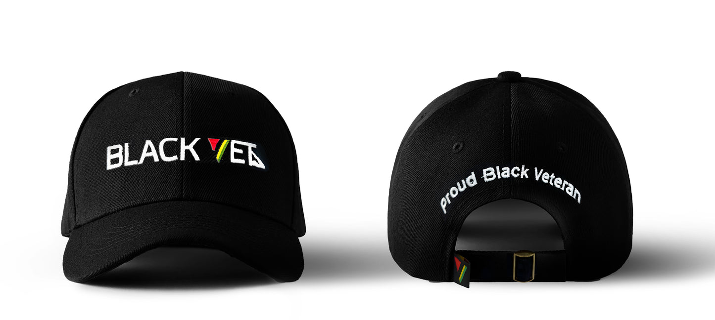 Two black baseball caps with 'BLACK VET' and 'Proud Black Veteran' text on a white background
