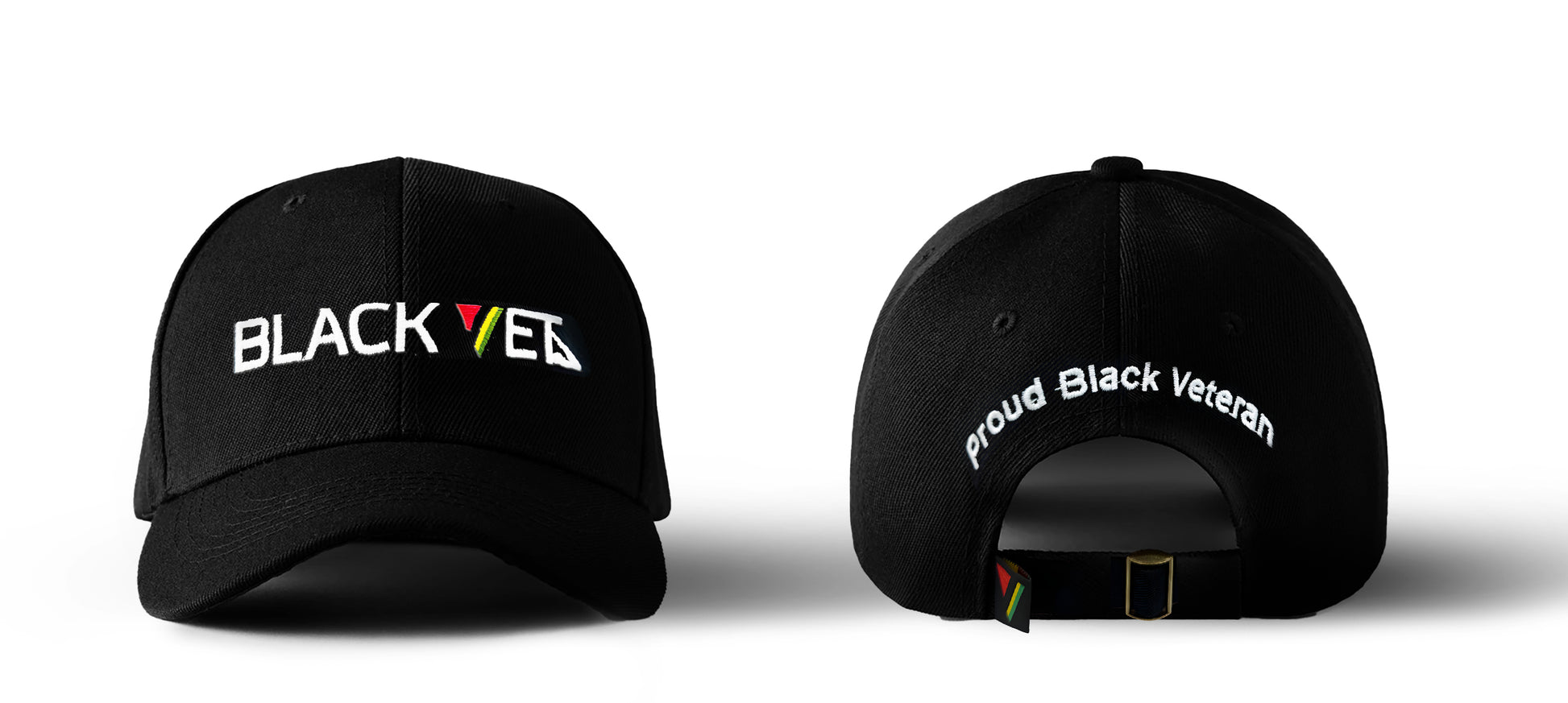 Two black baseball caps with 'BLACK VET' and 'Proud Black Veteran' text on a white background
