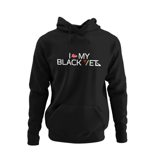 Black hoodie with 'I love my black vet' text on a white background