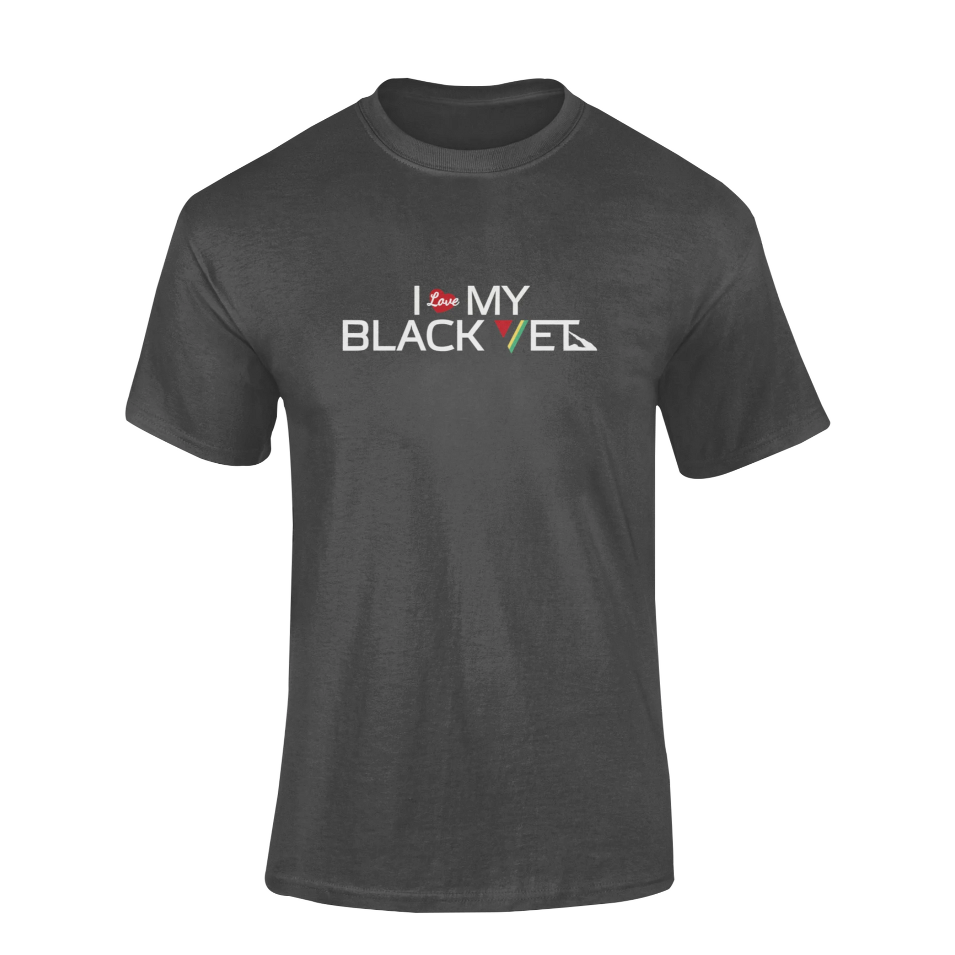 Black t-shirt with 'I Love My Black Vet' text on a white background