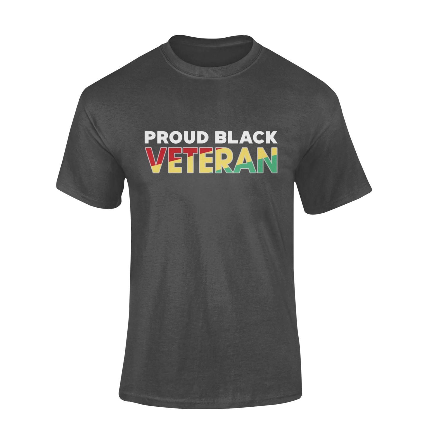 Black t-shirt with 'Proud Black Veteran' text in multicolor on a white background