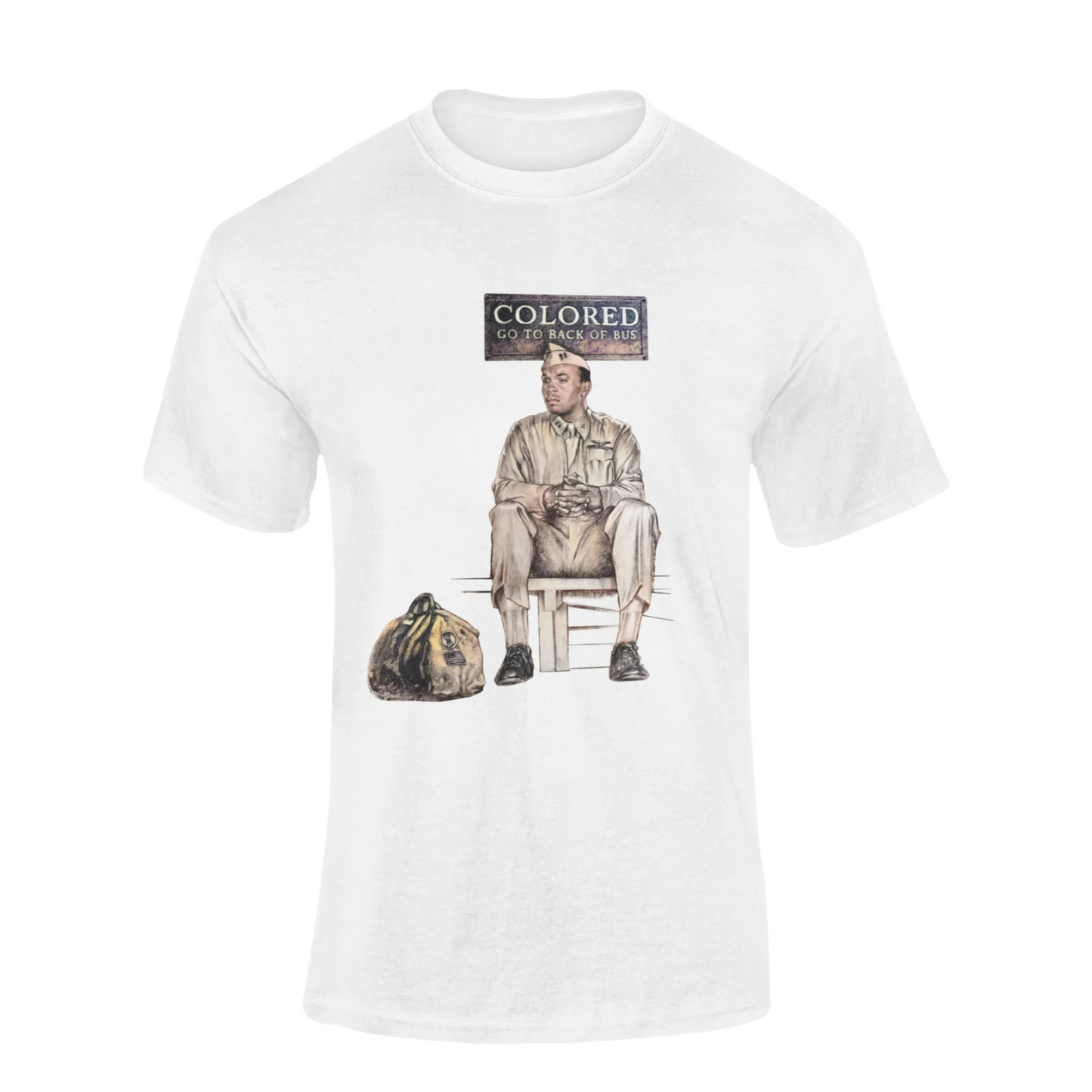 White t-shirt with a graphic of a Black military officer sitting on a chair and a bag, with Colored, Go To Back Of Bus text above him, on a white background.