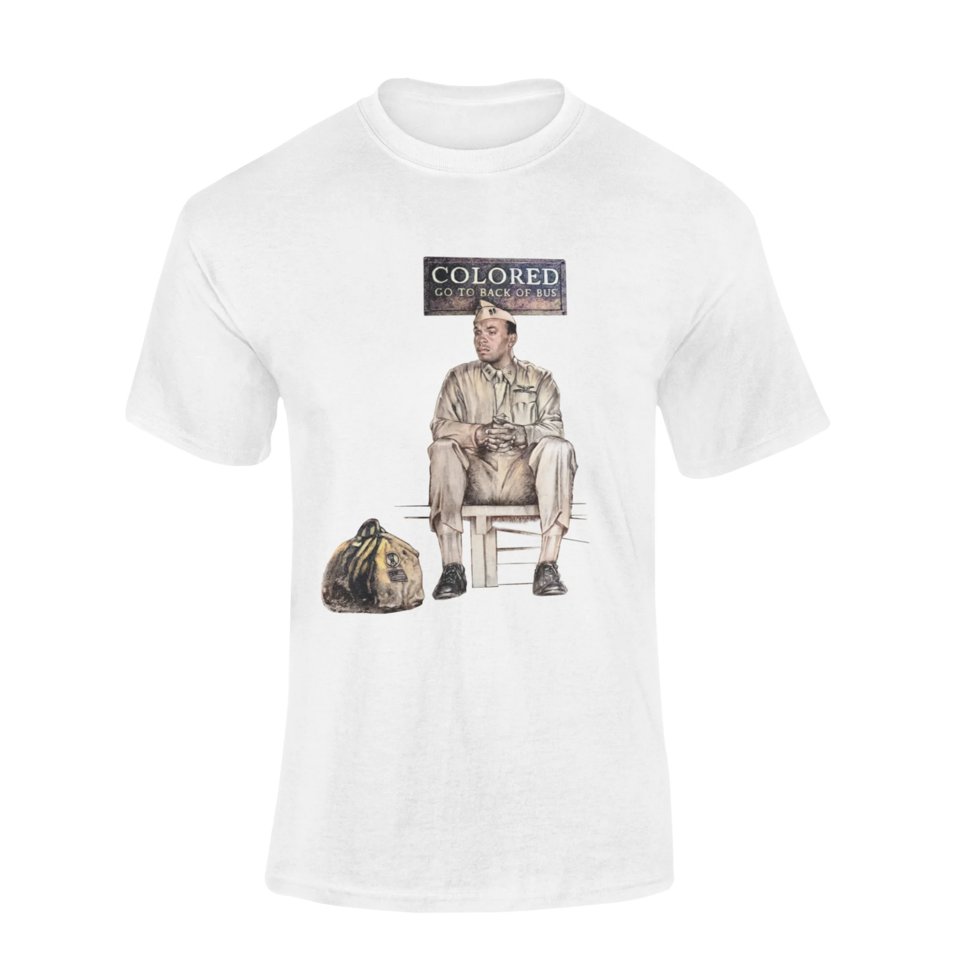 White t-shirt with a graphic of a Black military officer sitting on a chair and a bag, with Colored, Go To Back Of Bus text above him, on a white background.