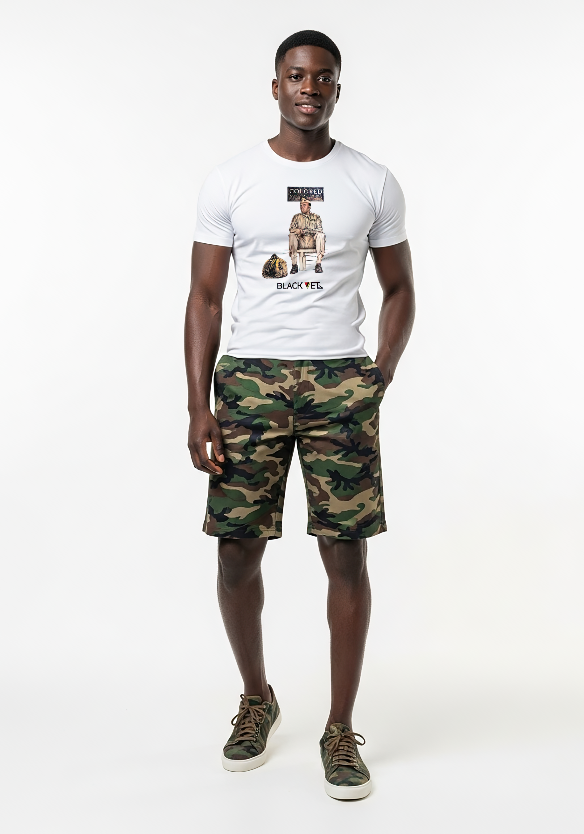 Man wearing a white t-shirt with a graphic design and camouflage shorts on a white background
