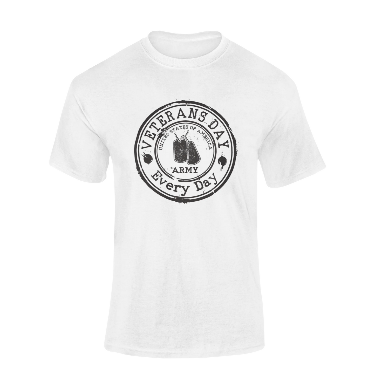 White t-shirt with black 'Veterans Day Every Day' graphic on a white background