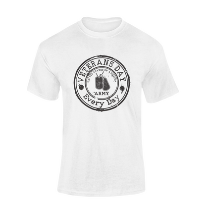 White t-shirt with black 'Veterans Day Every Day' graphic on a white background